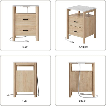 Night Stand with Charging Station, 2 Drawers End Table with Solid Round Post - Image 7