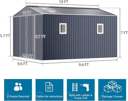10x10 FT Metal Outdoor Storage Shed, Unique Clear Roof Window Lockable Double - Image 2