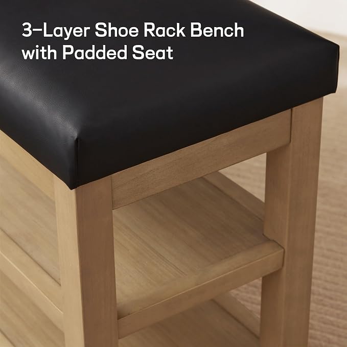 Zihanhome Shoe Rack Bench with Leather Cushion, 2 Tier Solid Wood Storage Bench - Image 5