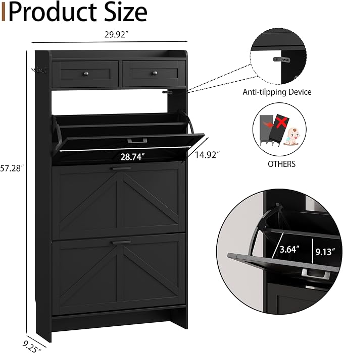 Shoe Cabinet with 3 Flip Drawers & 2 Top Drawers, Hidden Slim Shoe Rack - Image 2