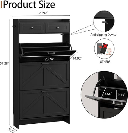 Shoe Cabinet with 3 Flip Drawers & 2 Top Drawers, Hidden Slim Shoe Rack - Image 2