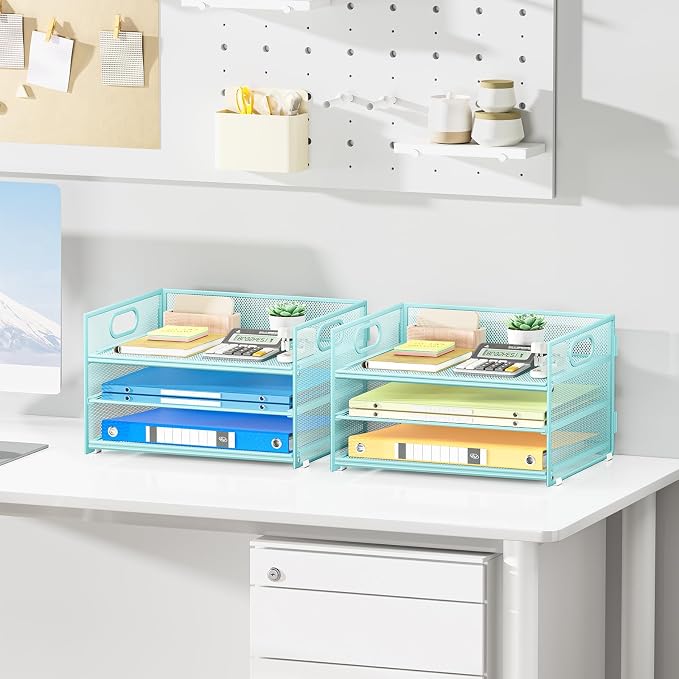 Subekyu 2-Pack 3-Tier Blue Metal Mesh Desk Paper Letter Tray & File Sorter - Image 3