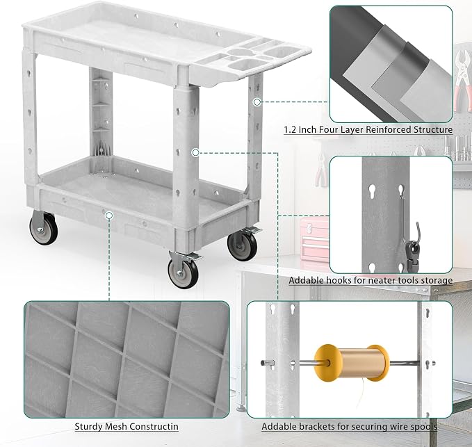 Heavy Duty Utility Rolling Tool Cart, 550 lbs Capacity Plastic Rolling Carts - Image 3