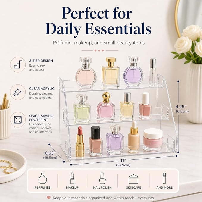 Cleo Heath & Beauty Perfume Organizer 3-Tier – Clear Acrylic Display Stand - Image 2