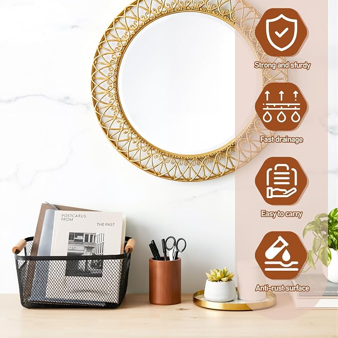 6 Pcs Metal Wire Basket with Wooden Handles | Mesh Steel Storage Organizer Bin - Image 7