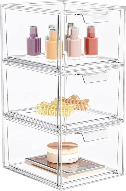 3 Pack Stackable Acrylic Makeup Organizer, Jewelry and Home Storage by SpaceHacks