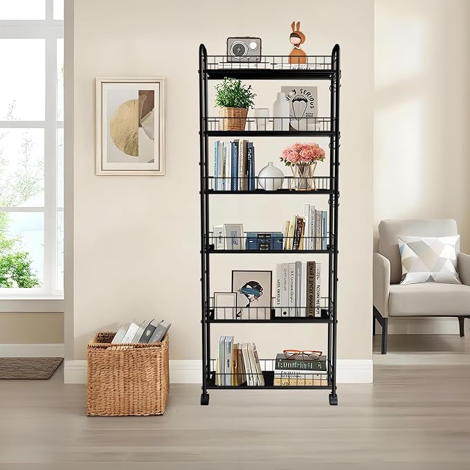 Slim Storage Cart with Wheels, 6-Tier 6in Black Narrow Rolling Shelf, Sturdy - Image 4