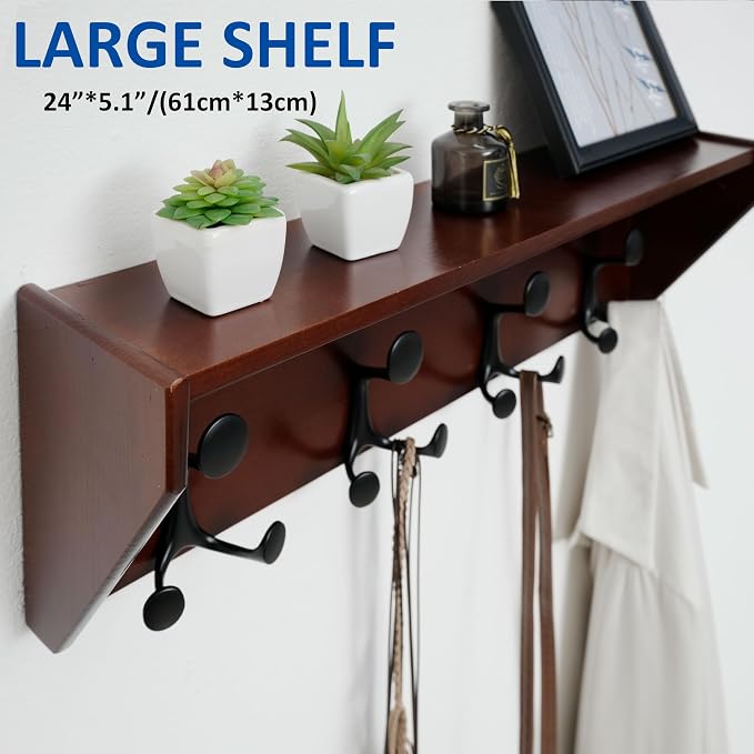 WEBI Wall Shelf with Hooks Underneath, 24” Long Wall Mounted Coat Rack with - Image 6