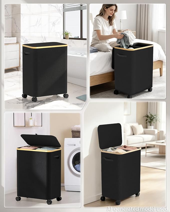 Double Laundry Hamper with Lid and Wheels, 150L Large Laundry Basket with 2 - Image 6
