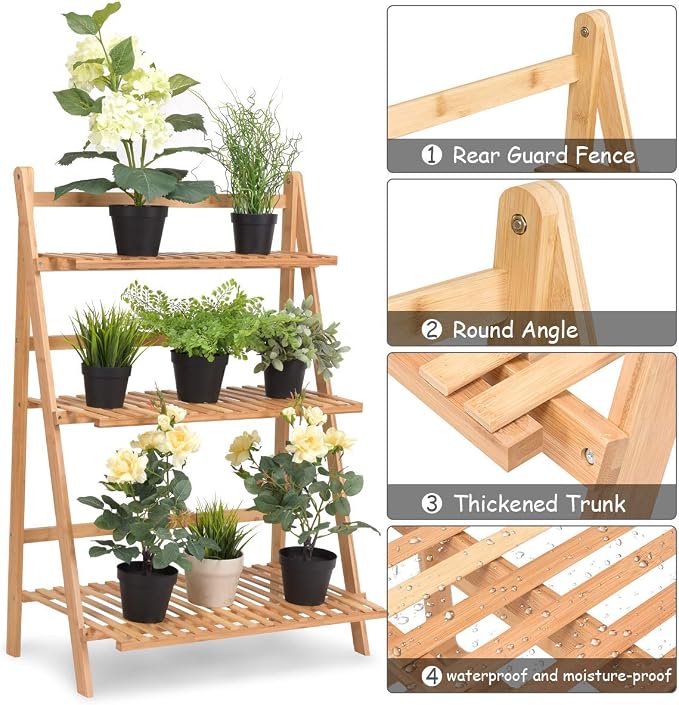 3-Tier Bamboo Plant Flower Stand Rack Shelf, Foldable Planter Racks, Pot - Image 2