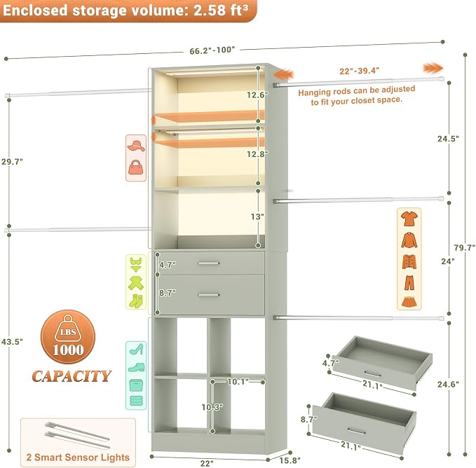 Besiost Closet System, 4-8 FT Closet Organizer System - Image 2