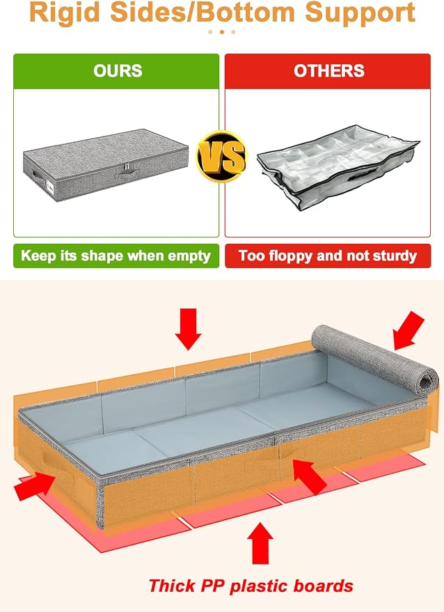 punemi Under Bed Storage Containers, 2 Pack 4.5 Inch Tall Low Profile Underbed - Image 3