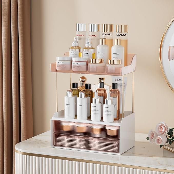 Delamu Bathroom Organizers and Storage, 2 Tier 2 Drawer Makeup Organizer - Image 3