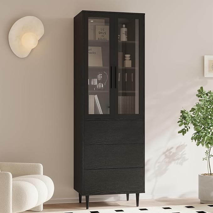 TUSY 70.9“ H Book Shelf with Drawers, 7-Tier Bookcase with Glass Doors - Image 4