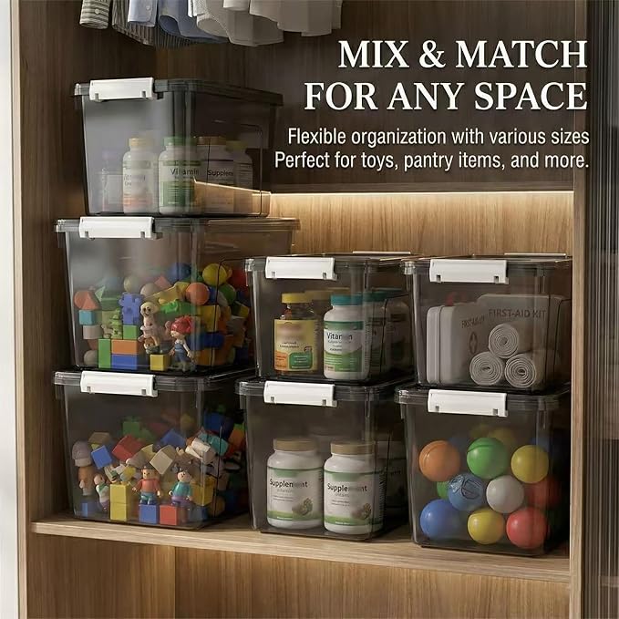 Plastic Storage Bins with Lids, 2 Pack Mixed Sizes Clear Black with Lid - Image 4