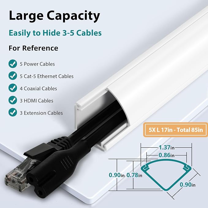 ZhiYo Corner Cable Hider for 3-5 Cords, Wall & Floor Cord Hider 85in White | 5 - Image 2