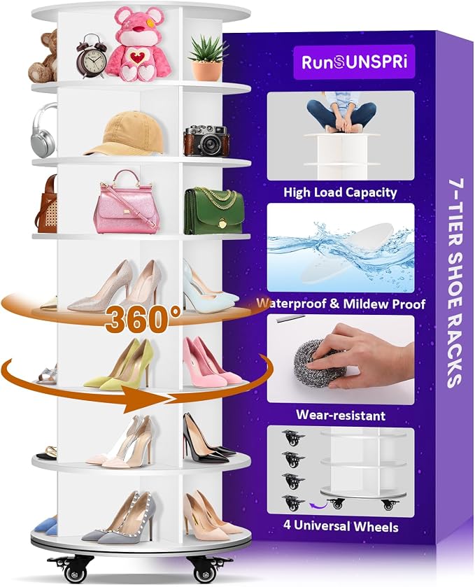 7 Tier Rotating Shoe Rack with 4 Universal Wheels, 360° Revolving Free Standing by RUNSUNSPRI