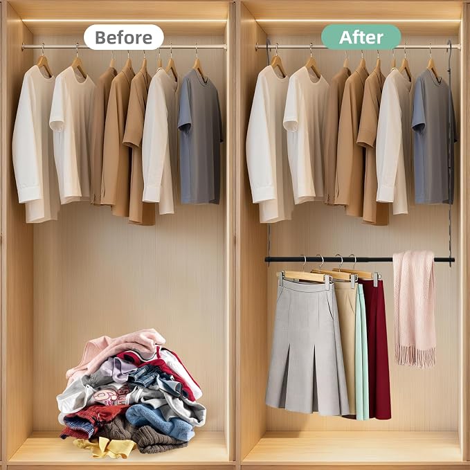 Closet Lower Hanging Bar, Adjustable Width and Height Closet Hanging Organizer - Image 5