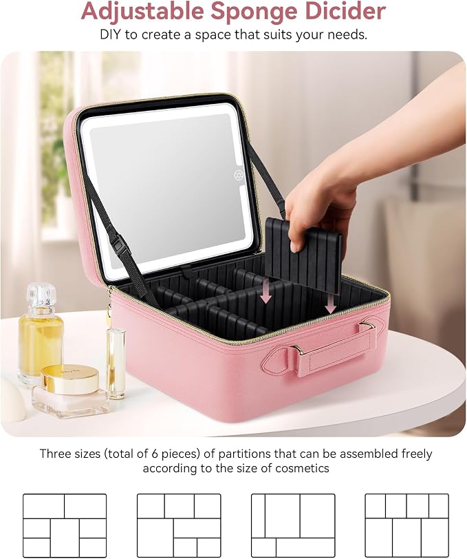JUSRON Travel Makeup Bag With LED Mirror, Train Case with Light up Mirror - Image 4