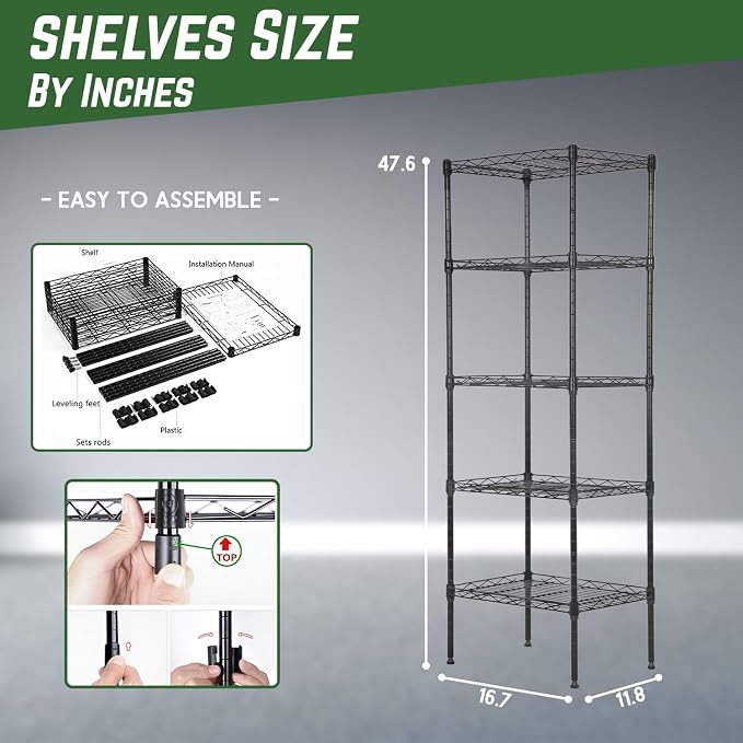 PayLessHere 5-Tier Adjustable Wire Shelf 12" W x 17" D x 48" H Max Load 750 lbs - Image 3