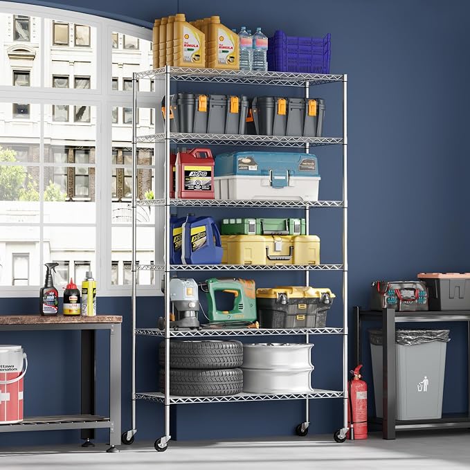 FDW | 6-Tier Wire Shelf with Wheels | 45" x 18" x 82" | Chrome | Storage - Image 2