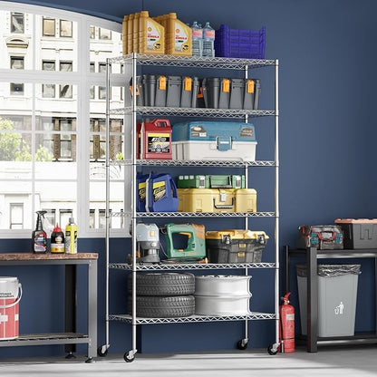 FDW | 6-Tier Wire Shelf with Wheels | 45" x 18" x 82" | Chrome | Storage - Image 2