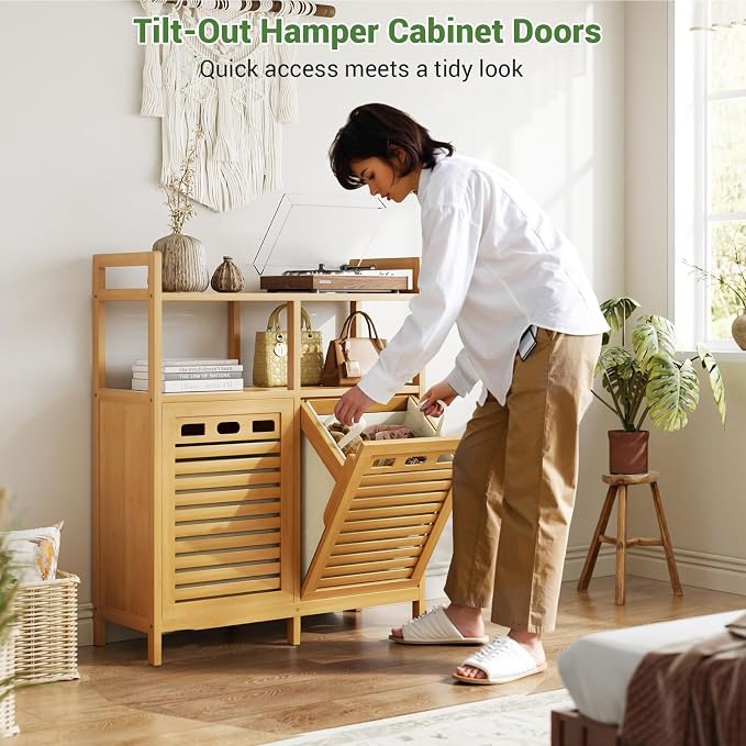 Homykic Tilt Out Laundry Hamper Cabinet, Bamboo Double Laundry Hamper - Image 4