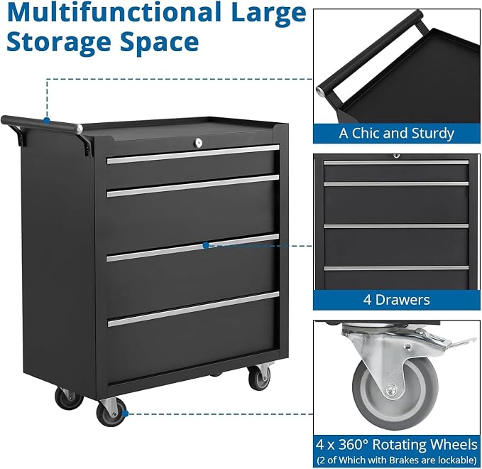IDEALHOUSE Rolling Tool Chest, 4 Drawers Tool Storage Cabinet, Toolbox - Image 4