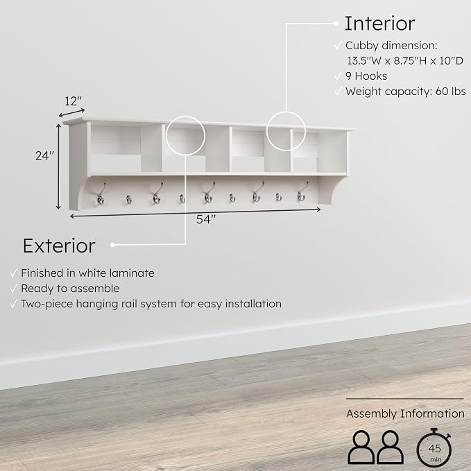 Prepac 60" Contemporary Wall Mounted Coat Rack, Coat Hooks Wall Mount - Image 3
