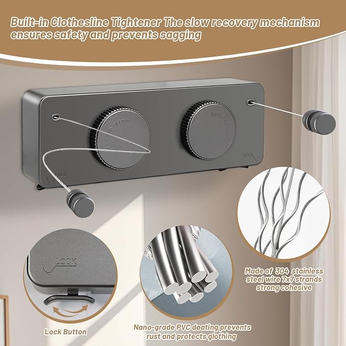 Retractable Clothesline Indoor, Non-Sagging Outdoor Clothes Line Retracting - Image 3