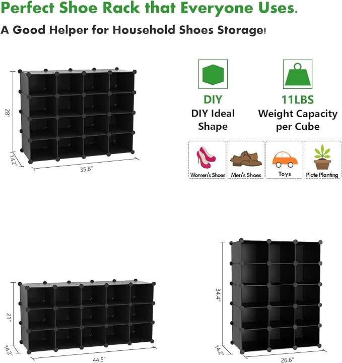 C&AHOME Plastic Shoe Rack, 16-Cube Modular Shoes Storage Stand, Stackable Shoe - Image 5
