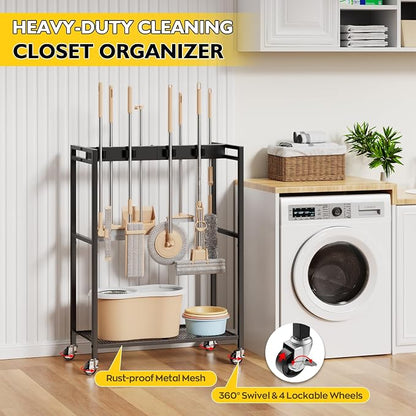 BORISI Broom And Mop Holder, Movable Broom Closet Storage Cabinet, Cleaning Cart - Image 6