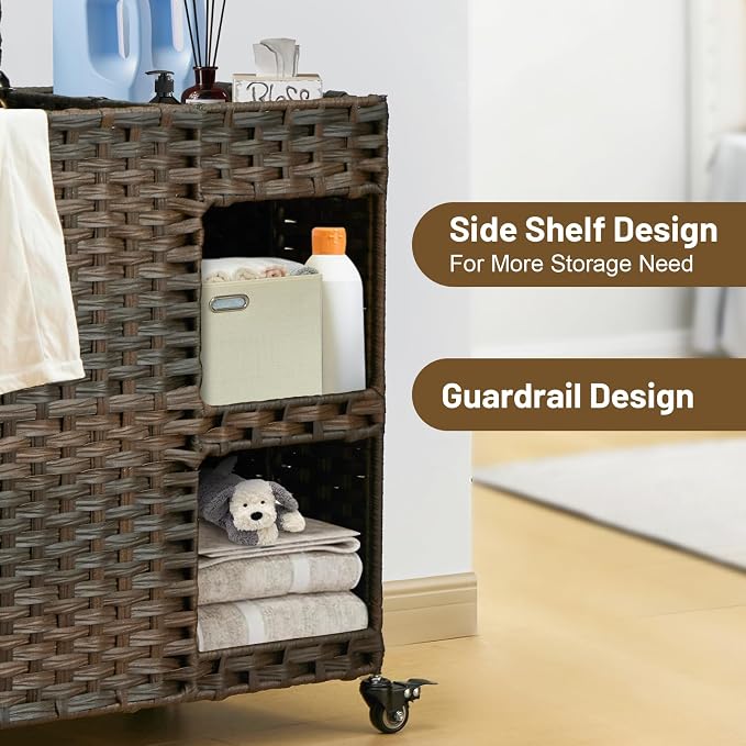 Laundry Hamper with Wheels, 42.3 Gal. Laundry Sorter with Shelves, Rattan - Image 4
