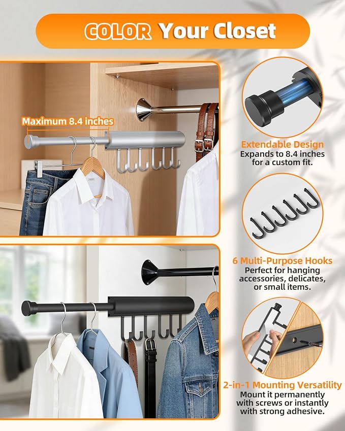 12 Inch Valet Rod for Closets Pull Out, Pull Out Rod For Hanging Clothes And - Image 2