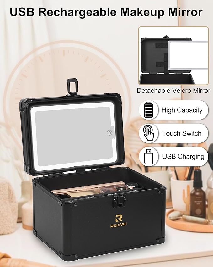 Relavel Travel Makeup Bag With LED Mirror, Makeup Bag With 3-Mode Light Up - Image 6