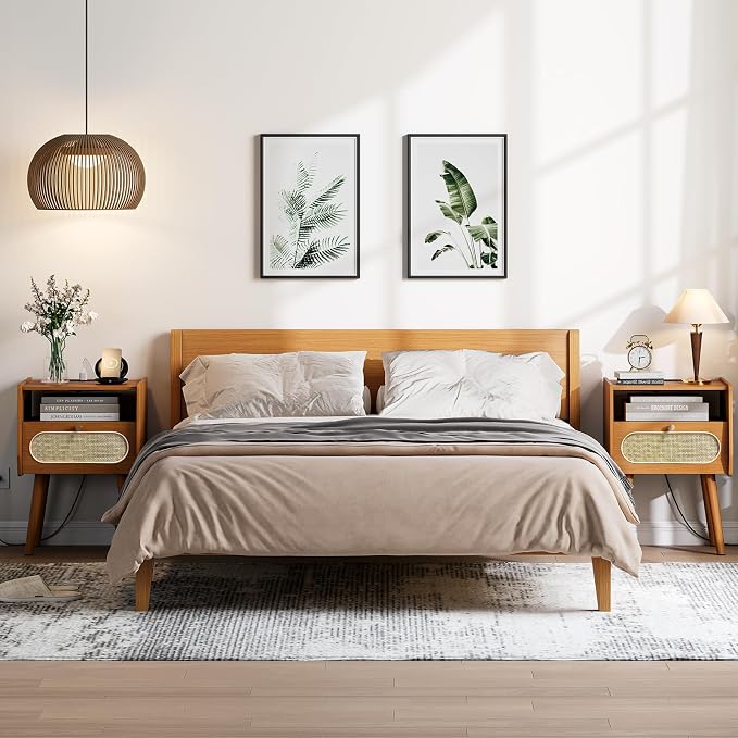 Night Stand Set 2, Mid Century Modern Nightstands, Rattan Bedside Table - Image 9