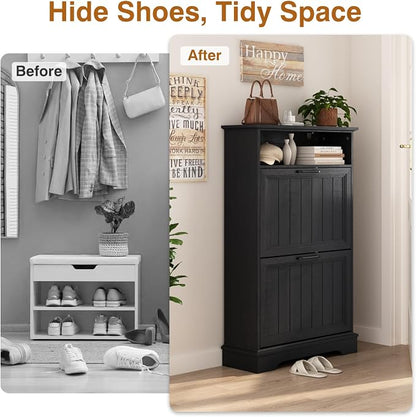 Shoe Storage Cabinet with 2 Flip Drawers, Narrow Slim Shoe Organizer - Image 4