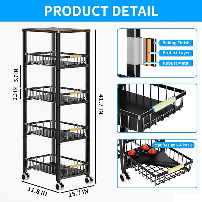 Fruit Vegetable Storage Basket for Kitchen, 5 Tier Large Pull-Out Metal Wire - Image 5