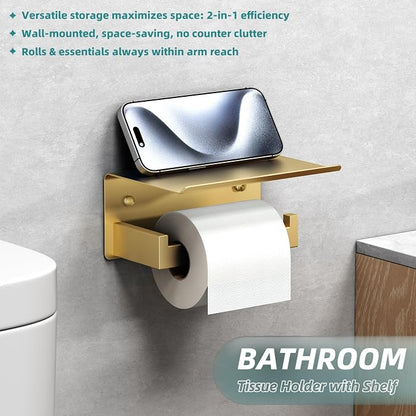 Toilet Paper Holder with Shelf Brushed Gold, APLusee SUS 304 Stainless Steel - Image 3