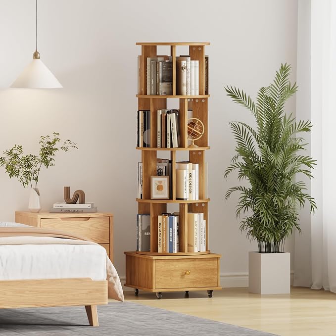4-Tier Rotating Bookshelf with Drawers on Wheels, 360° Spinning Corner Bookcase - Image 3