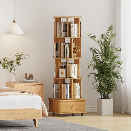 4-Tier Rotating Bookshelf with Drawers on Wheels, 360° Spinning Corner Bookcase - Image 3