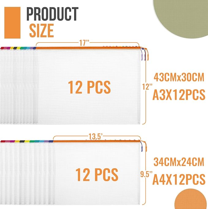 24pcs Mesh Zipper Pouch Bags, 12 Colors Extra Large 12PCS A3 and 12pcs A4 - Image 2