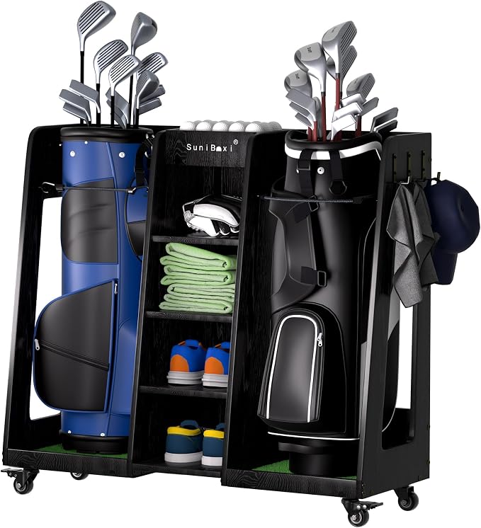 Wooden Golf Storage Organizer for Garage, Premium Golf Bag Holder Rack for by SUNIBOXI