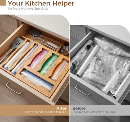 6 in 1 Storage Bag Organizer Kitchen Drawer, Bamboo Foil and Plastic Wrap - Image 5