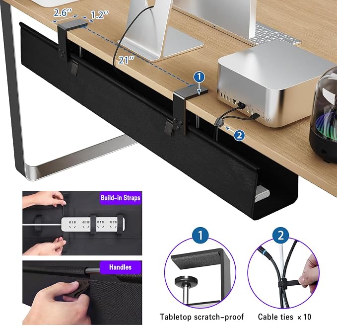 No Drill Under Desk Cable Management Tray, Clamp/Screw Mount Desk Cable - Image 3
