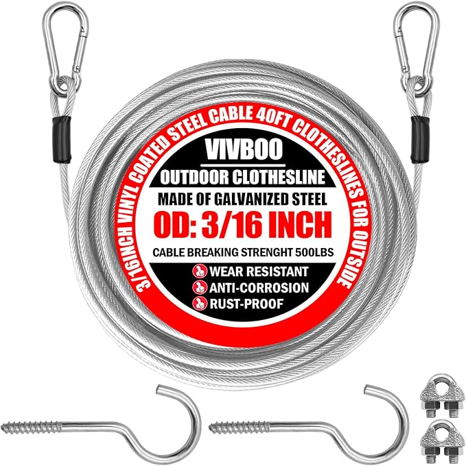40ft Clothes Line Outdoors 3/16" Wire Ropes Silver PVC Coating Laundry Drying by VIVBOO