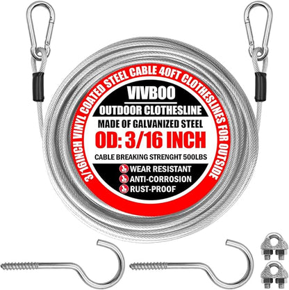 40ft Clothes Line Outdoors 3/16" Wire Ropes Silver PVC Coating Laundry Drying by VIVBOO