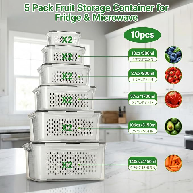 5 PCS Fruit Storage Containers for Fridge, Leakproof Produce Containers for - Image 2