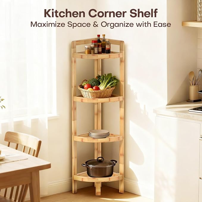 2026 New Bamboo Standing Shelf, 4 Tier Corner Shelf Stand, Free-Standing Shelf - Image 7