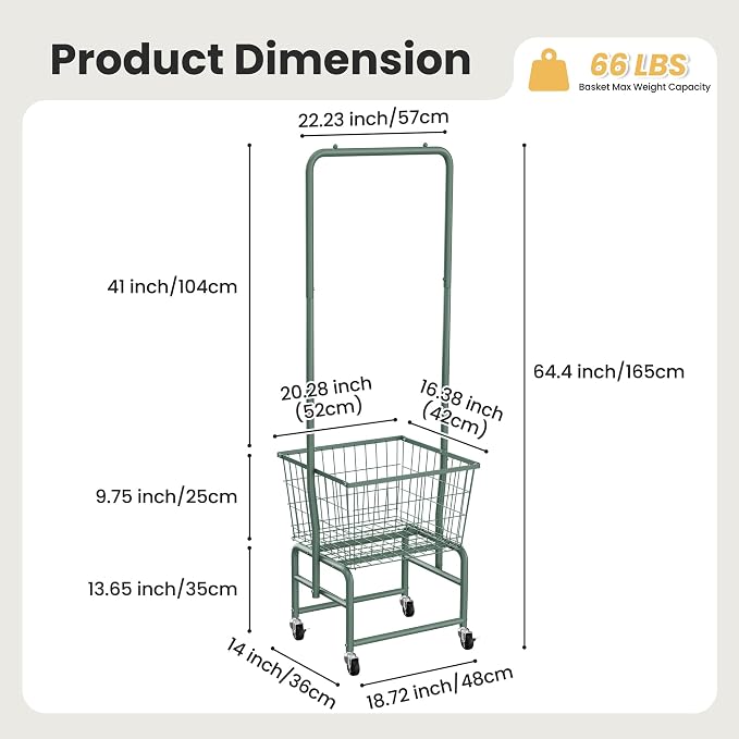 Rolling Laundry Cart with Wheels, Laundry Hamper Basket Organizer with Clothes - Image 3